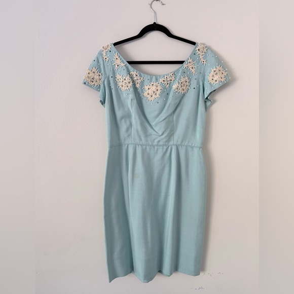 Vintage Dresses & Skirts - Vintage 50s 60s Baby Blue Hand Beaded Sheath Dress Lace Rhinestone Cocktail M/L